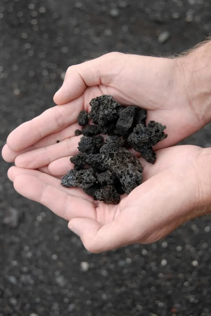 Closeup photo of a person holding a handful of black lava rock.