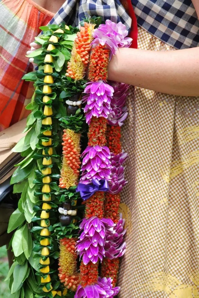 Closeup of a woman carrying an armful of Hawaiian leis.