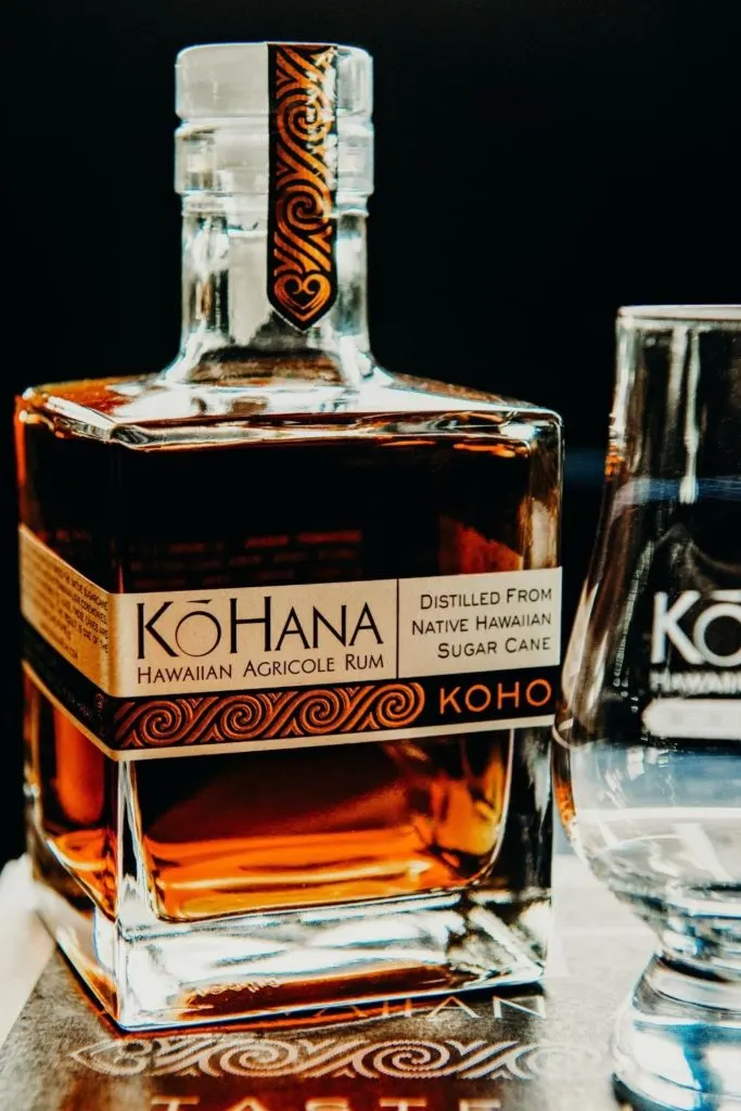 Closeup of a bottle of KōHana rum.