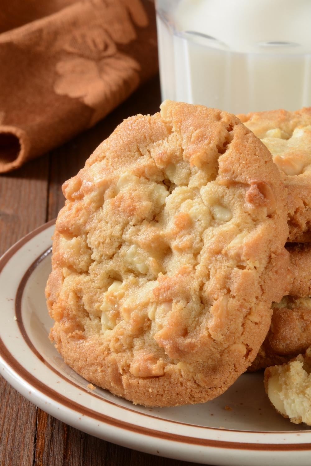 Closeup of a plate of macadamia nut cookies.