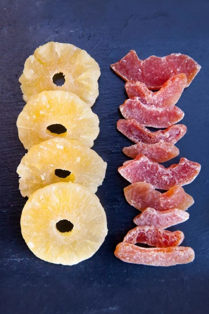 Photo of dried pineapple and guava.
