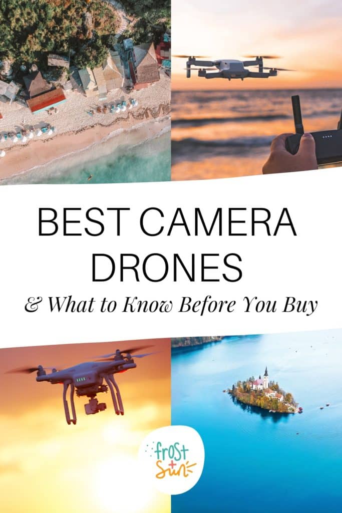 Grid with 4 photos, 2 of camera drones and 2 of aerial photos. Text in the middle reads "Best Camera Drones & What to Know Before You Buy."