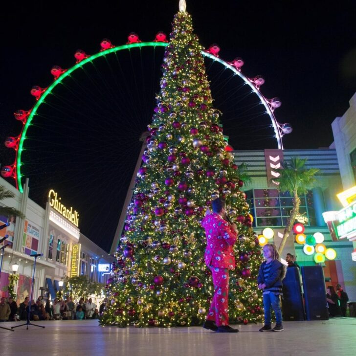 Photo of Christmas decor at the LINQ Promenade at night.