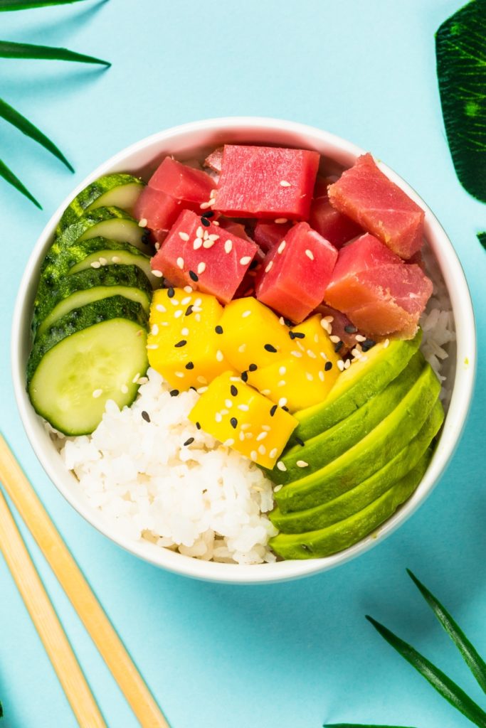 Flatlay photo of a bowl of pokè.