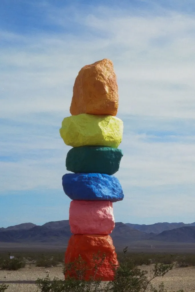 Photo of one of the boulder towers at the Seven Magic Mountains public art installation near Las Vegas, NV.