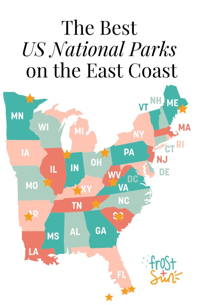 Map of the eastern US with stars over where national parks are located. Text above the map reads "The Best US National Parks on the East Coast."