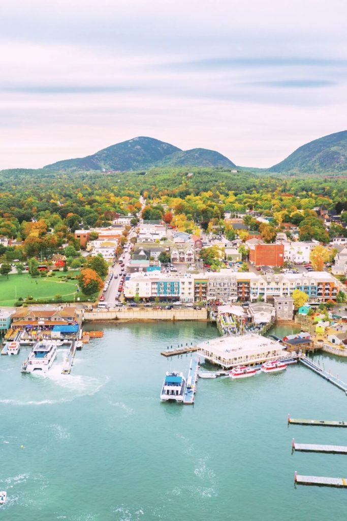 Aerial photo of downtown Bar Harbor and Frenchman Bay.