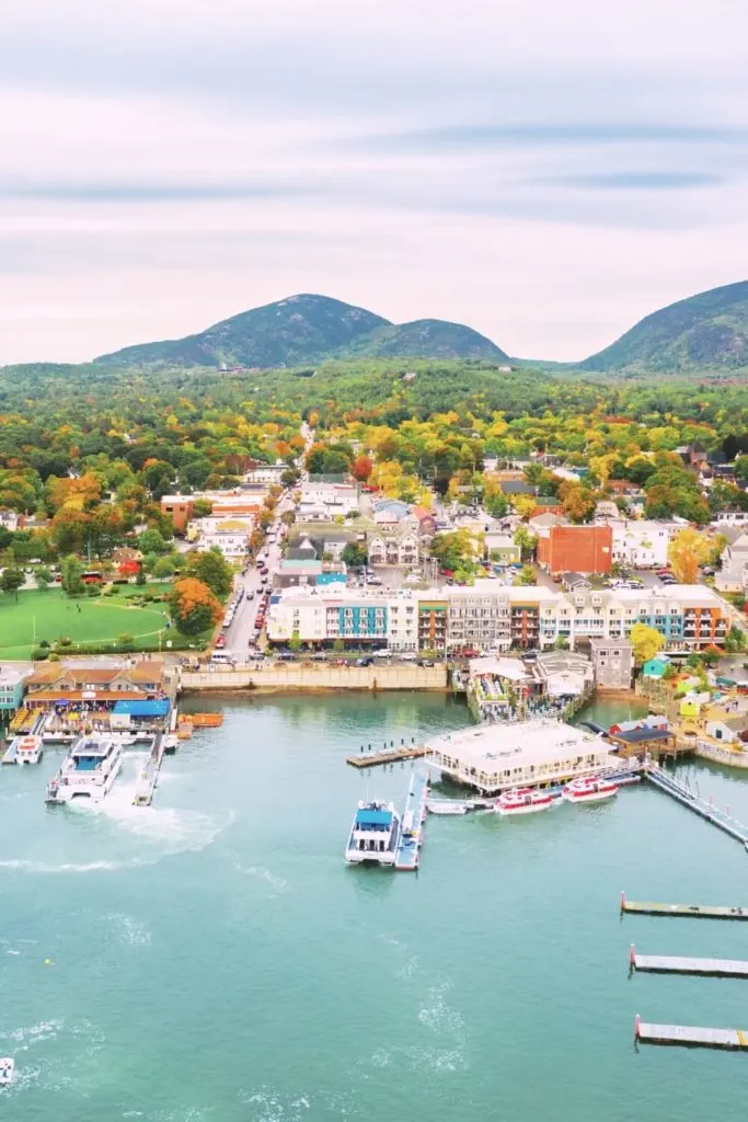 Aerial photo of downtown Bar Harbor and Frenchman Bay.