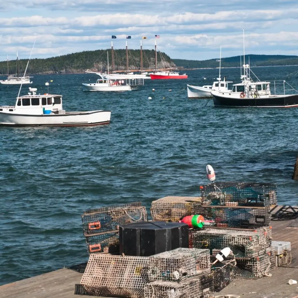 Photo of Frenchman Bay with boats in the water and lobster traps on the pier.