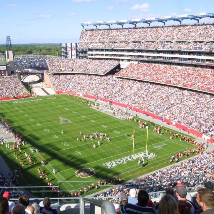 Photo of Gillette Stadium in Foxborough, Massachusetts packed with spectators.