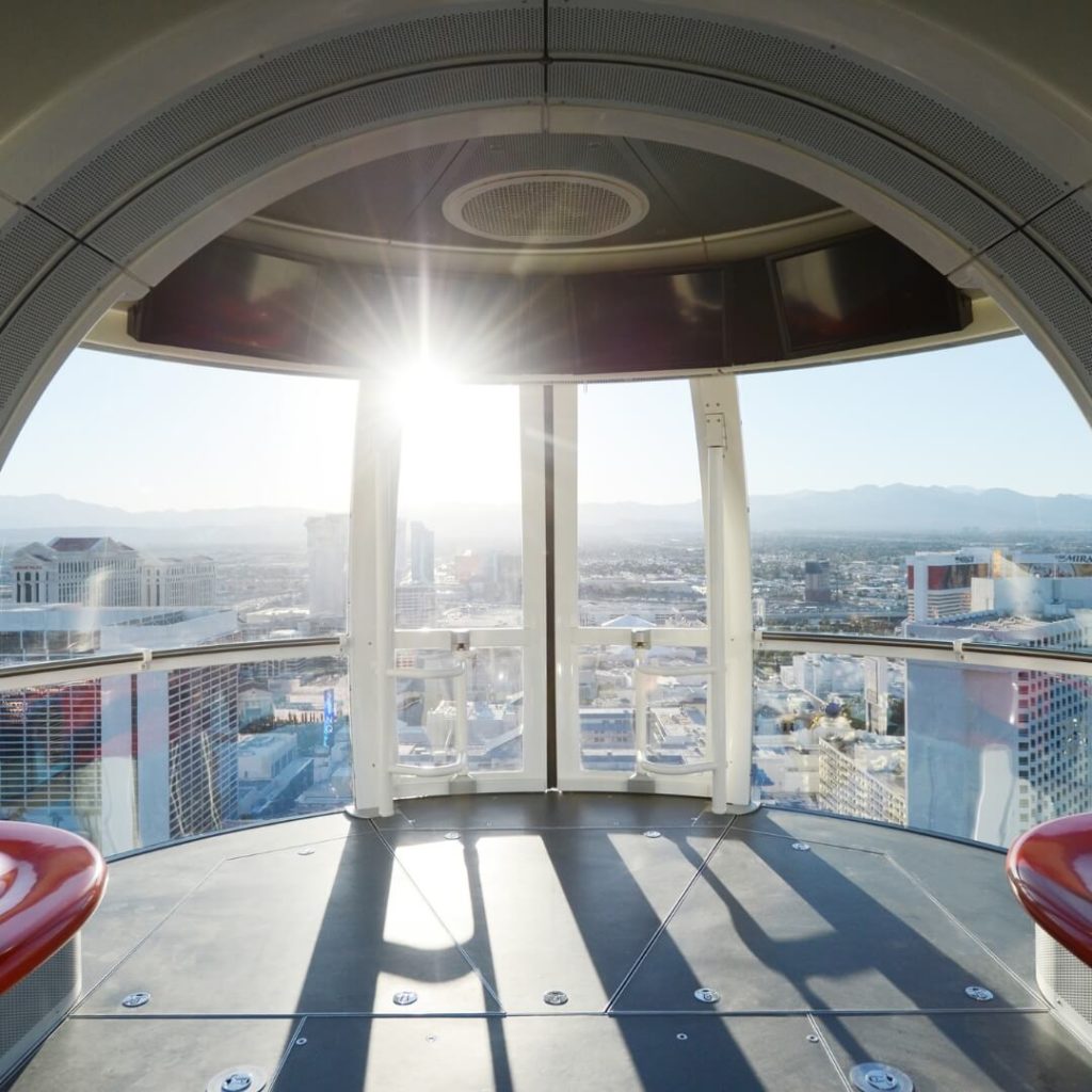 Photo of the interior of a pod for the High Roller Observation Wheel overlooking Las Vegas.