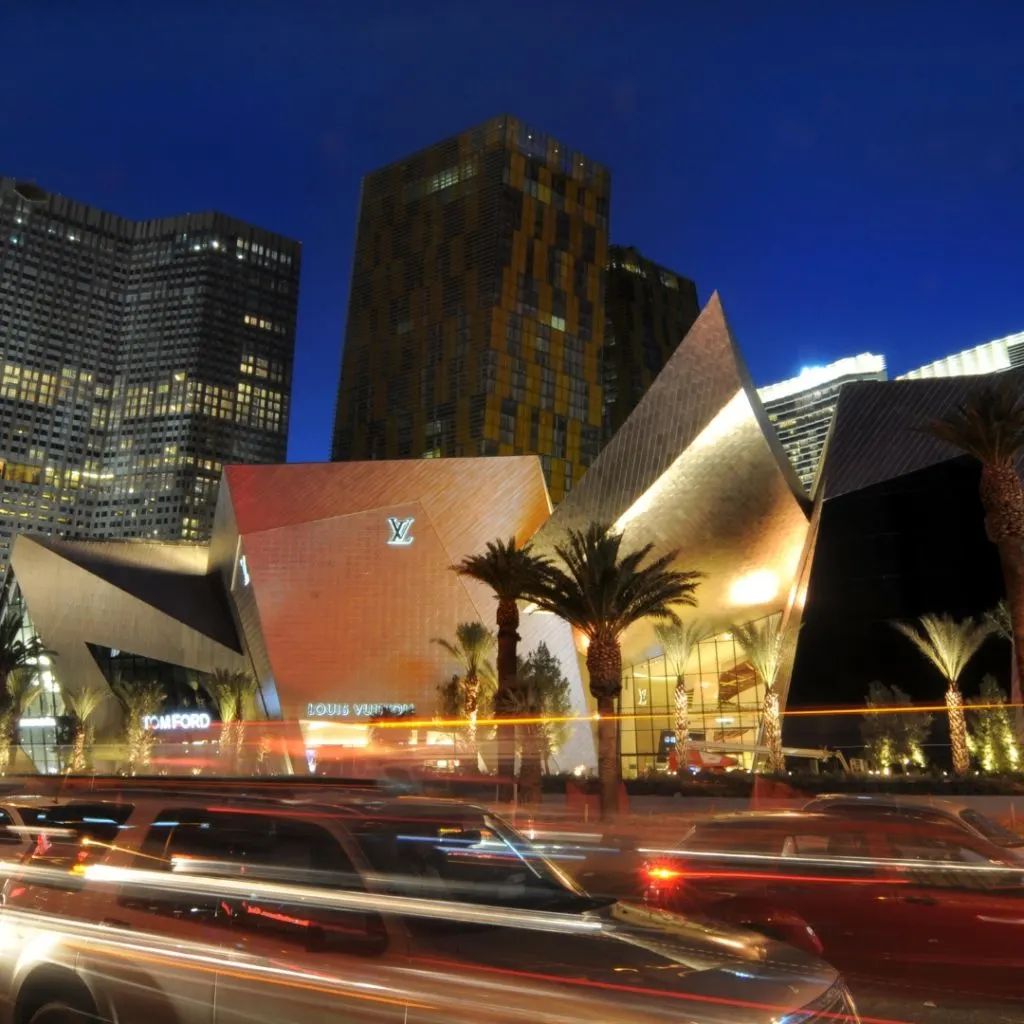 Photo of The Shops at Crystals in Las Vegas at night.