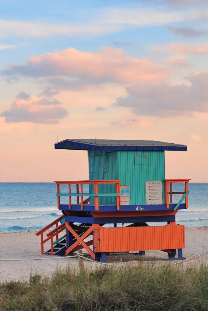 Photo of a colorful lifeguard station at South Beach in Miami Beach, Florida.