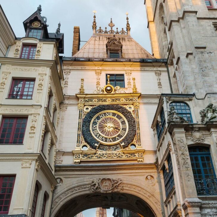 Photo of Les Gros-Horloge, an ornate clock in Rouen, France.