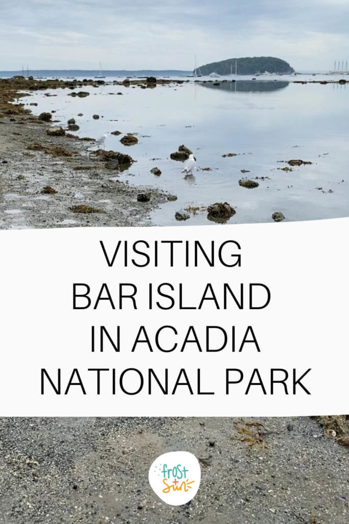 Photo of the shoreline on Bar Island in Maine, with a seagull wading in the low tide in the foreground and another island and boats in the background. Text below the photo reads "Visiting Bar Island in Acadia National Park."