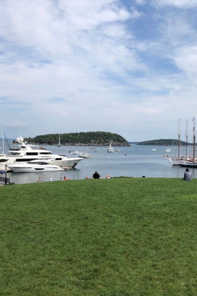 Photo looking out at Bar Island and Sheep Porcupine Island from Agamont Park in downtown Bar Harbor, Maine.