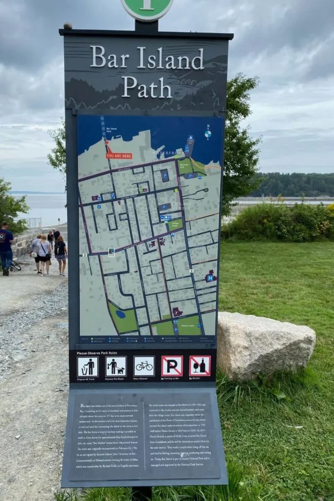 Photo of signage for the Bar Island Trail in Bar Harbor.