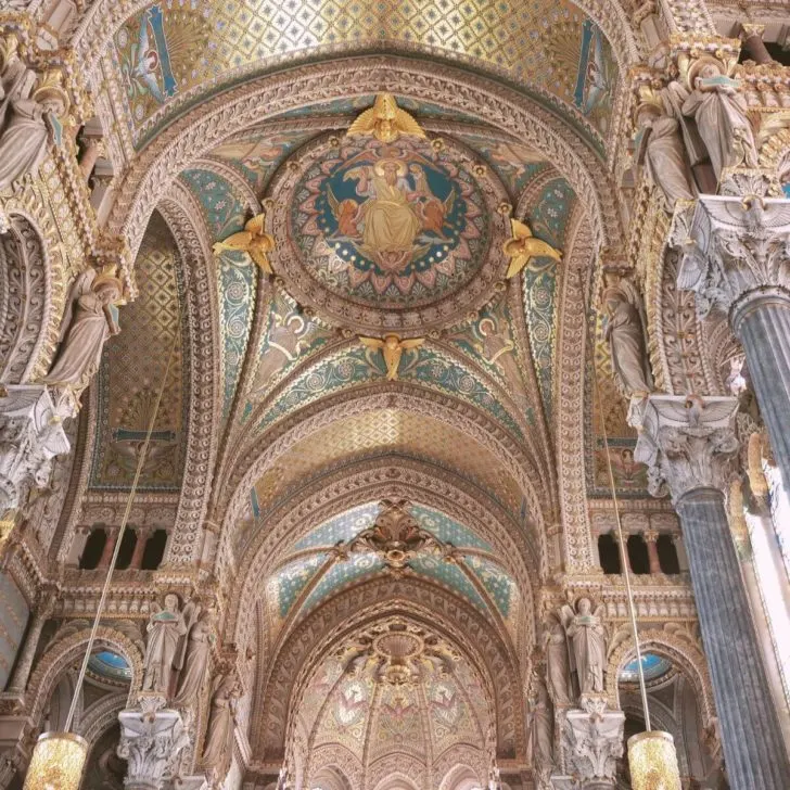 Photo of the interior of the elaborately designed Basilica of Notre-Dame de Fourviere.