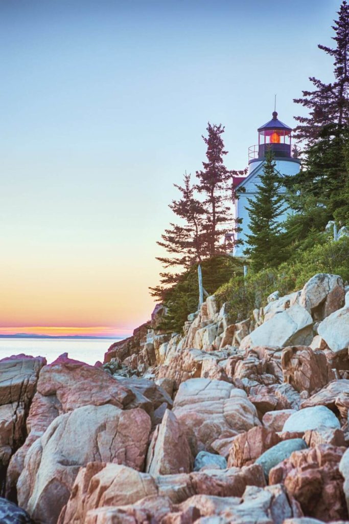 Photo of Bass Harbor Head Lighthouse during sunset.