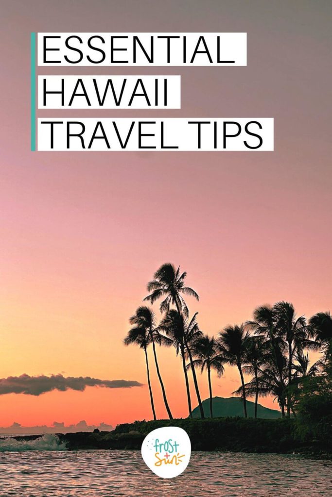 Photo of silhouetted palm trees against an orange sky with waves crashing onto the land. Text above the photo reads "Essential Hawaii Travel Tips."