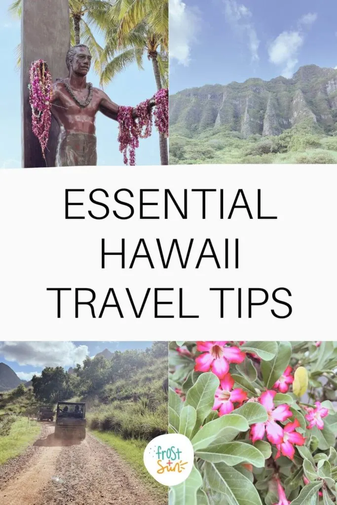 Grid with 4 photos of scenes in Hawaii, such as Kualoa Ranch on Oahu and the Duke Paoa Kahanamoku statue in Waikiki. Text in the middle reads "Essential Hawaii Travel Tips."
