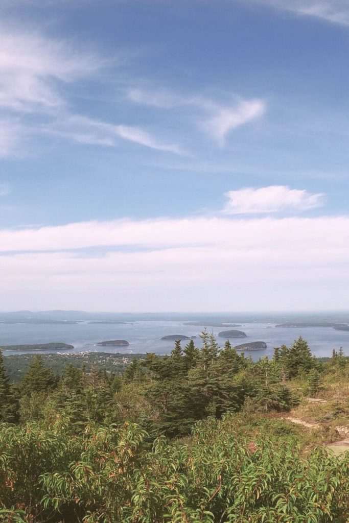 View of the porcupine islands from the summit of Cadillac Mountain in Acadia National Park.