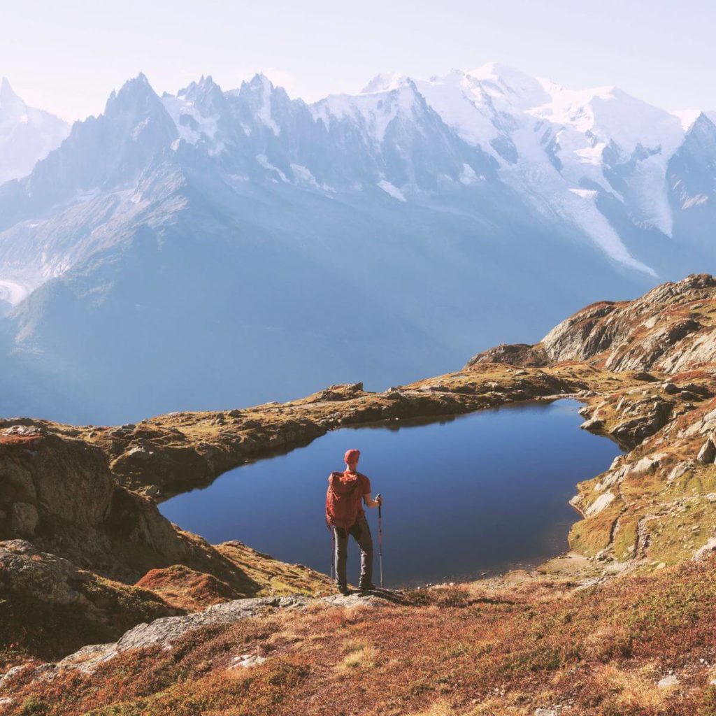 Photo of a person hiking Mont Blanc near Chamonix, France.