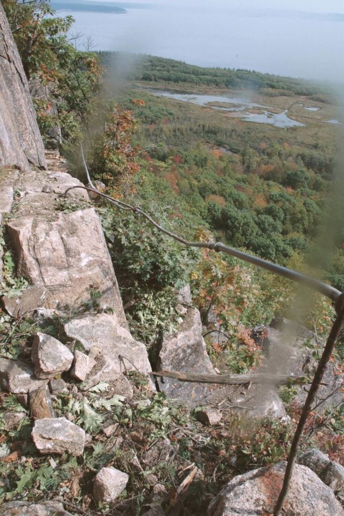 Photo of railing along a narrow portion of the Precipice Trail in Acadia National Park.