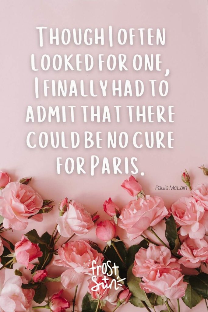 Flatlay photo of pink roses on a pink background. Text above the photo reads "Though I often looked for one, I finally had to admit that there could be no cure for Paris."