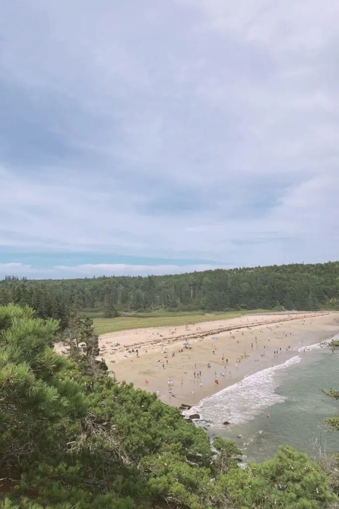 Aerial view of Sand Beach in Acadia National Park from the Ocean Path Trail.