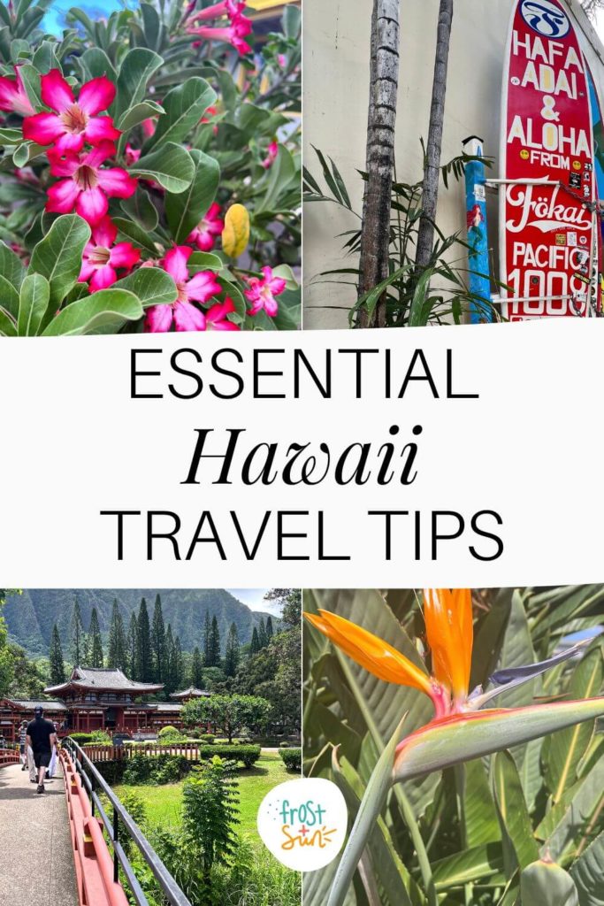 Grid with 4 photos from locations in Hawaii, such as Surfboard Alley in Waikiki and Byodo In Temple on Oahu. Text in the middle reads "Essential Hawaii Travel Tips."