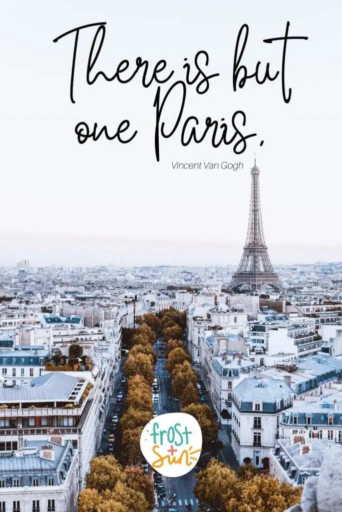 Aerial photo of buildings in Paris with the Eiffel tower in the background. Text above the photo reads "There is but one Paris."