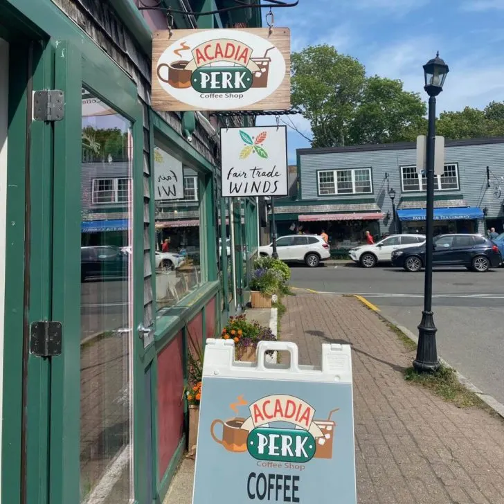 Photo of signage outside Acadia Perk Coffee Shop in Bar Harbor, Maine.