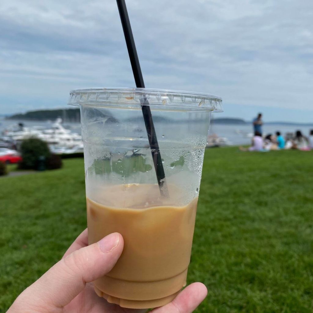 Photo of an iced coffee with downtown Bar Harbor and Frenchman Bay in the background.