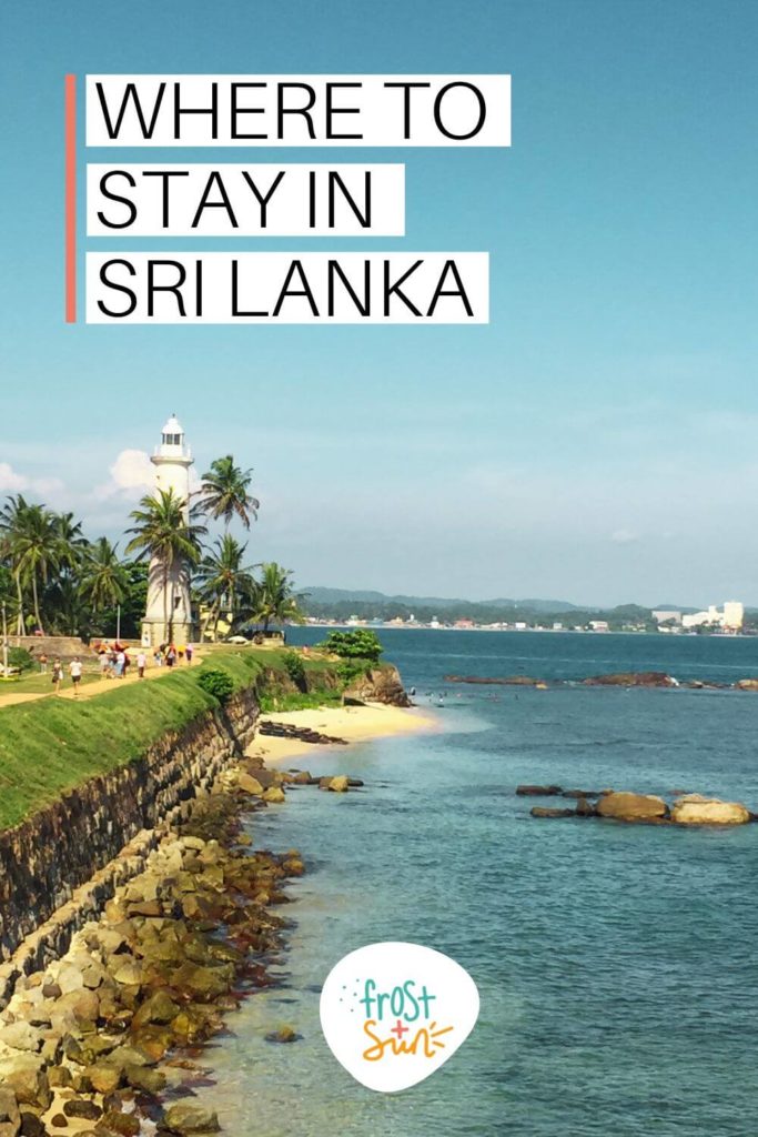 Photo of Galle, Sri Lanka, with the infamous lighthouse in the distance and ocean in the foreground. Text overlay reads "Where to Stay in Sri Lanka."