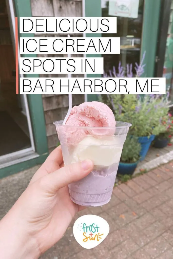 Photo of a cup of red, white, and blue ice cream in a cup. Text overlay reads "Delicious Ice Cream Spots in Bar Harbor, ME."