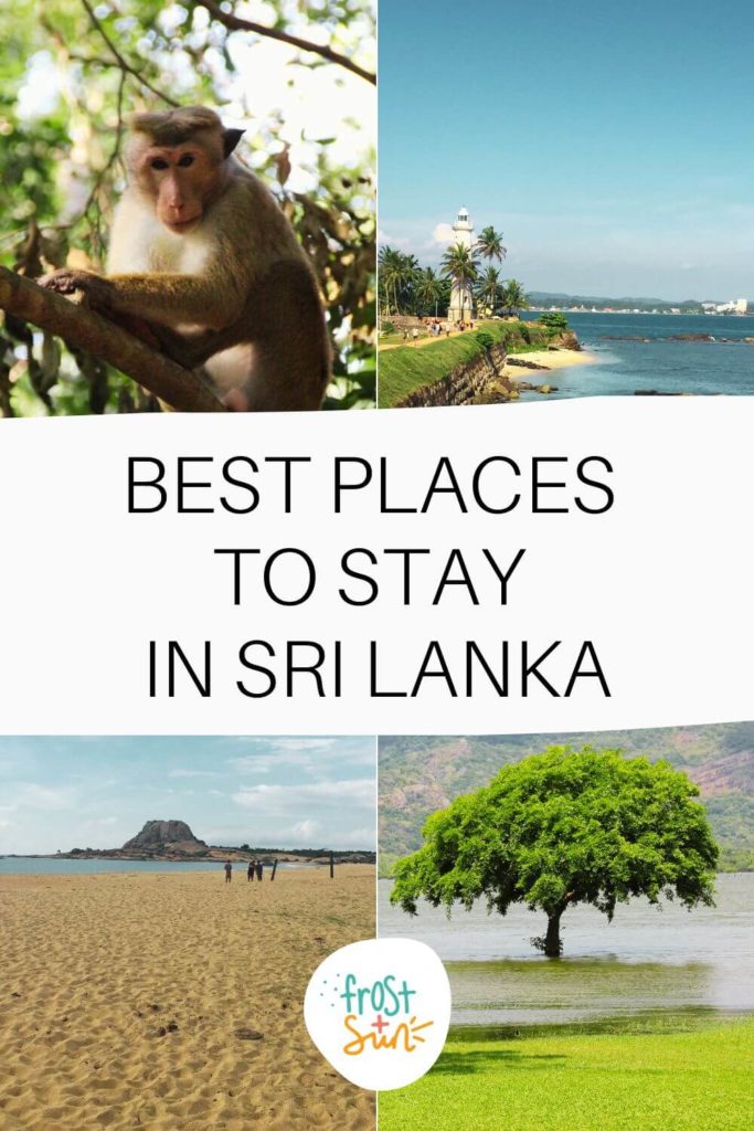 Grid with 4 photos from Amaya Lake, Yala National Park, and Galle in Sri Lanka. Text in the middle reads "Best Places to Stay in Sri Lanka."