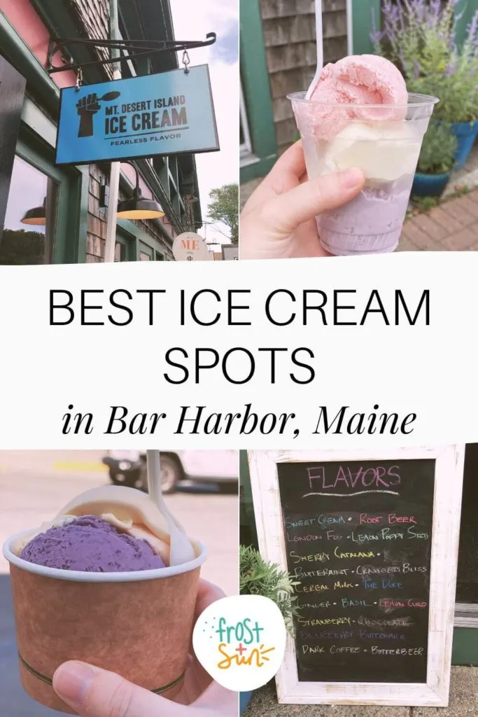 Grid with 4 photos of ice cream places in Bar Harbor, Maine. Text in the middle reads "Best Ice Cream Spots in Bar Harbor, Maine."