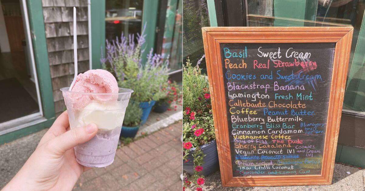 Photo of a cup with 3 scoops of ice cream and a chalkboard with flavors written on it.