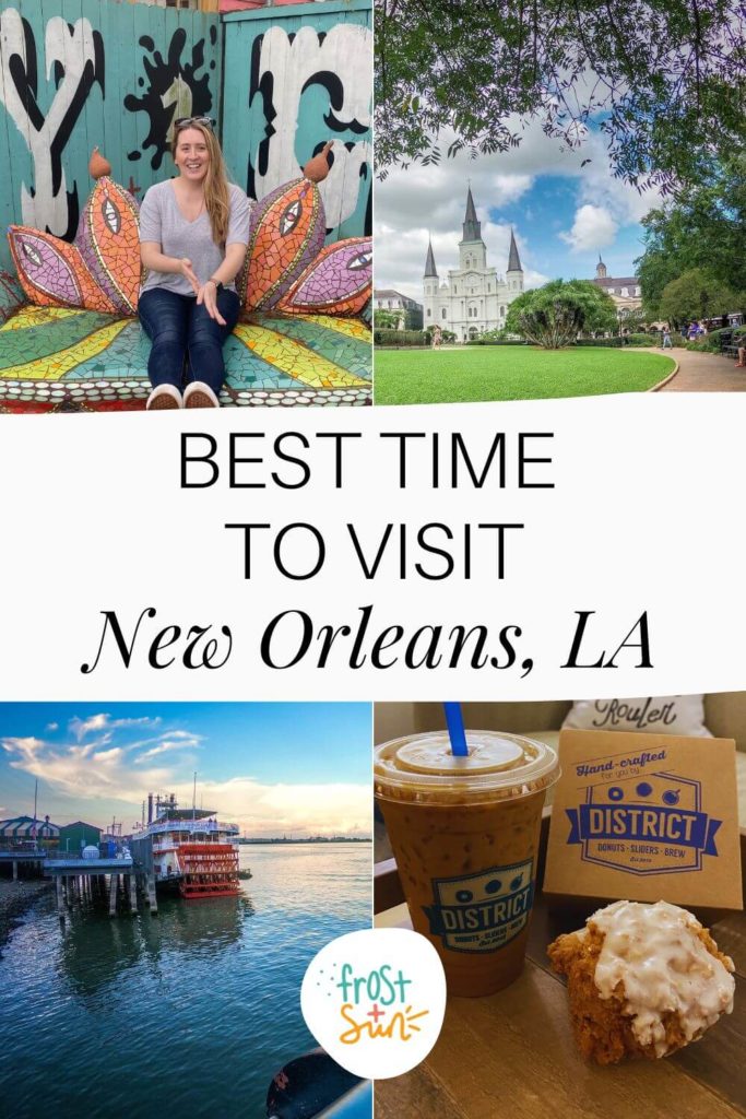 Grid with 4 photos from various places in New Orleans. Text in the middle reads: Best Time to Visit New Orleans, LA.
