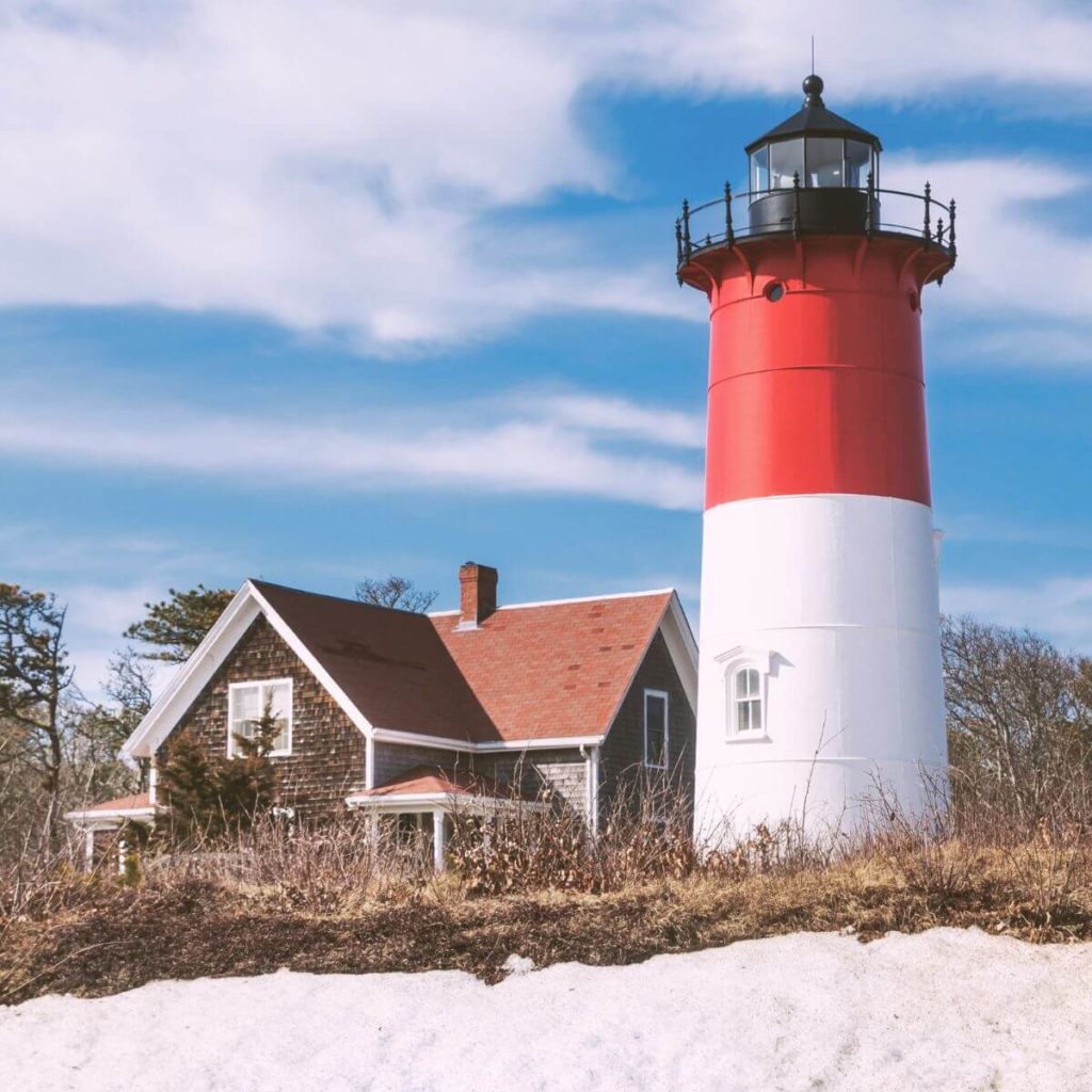 Photo of the Nauset Lighthouse on Coast Guard Beach in Eastham, MA.