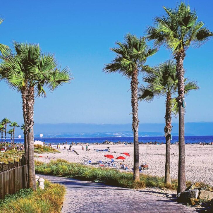 Photo of Coronado Beach in San Diego, CA from a paved walkway.