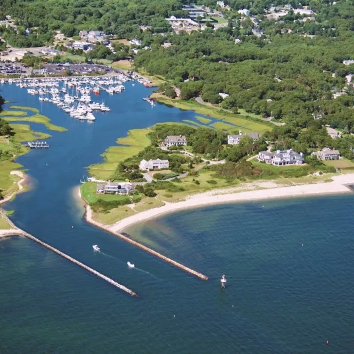 Aerial photo of the port at Harwich in Cape Cod, MA.