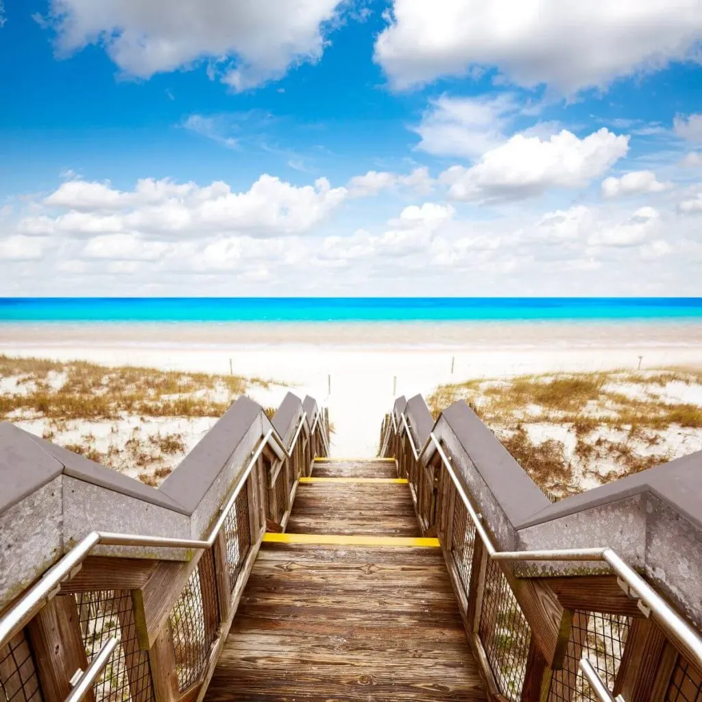 Photo looking down a wooden stairwell leading to Henderson Beach State Park in Destin, FL.