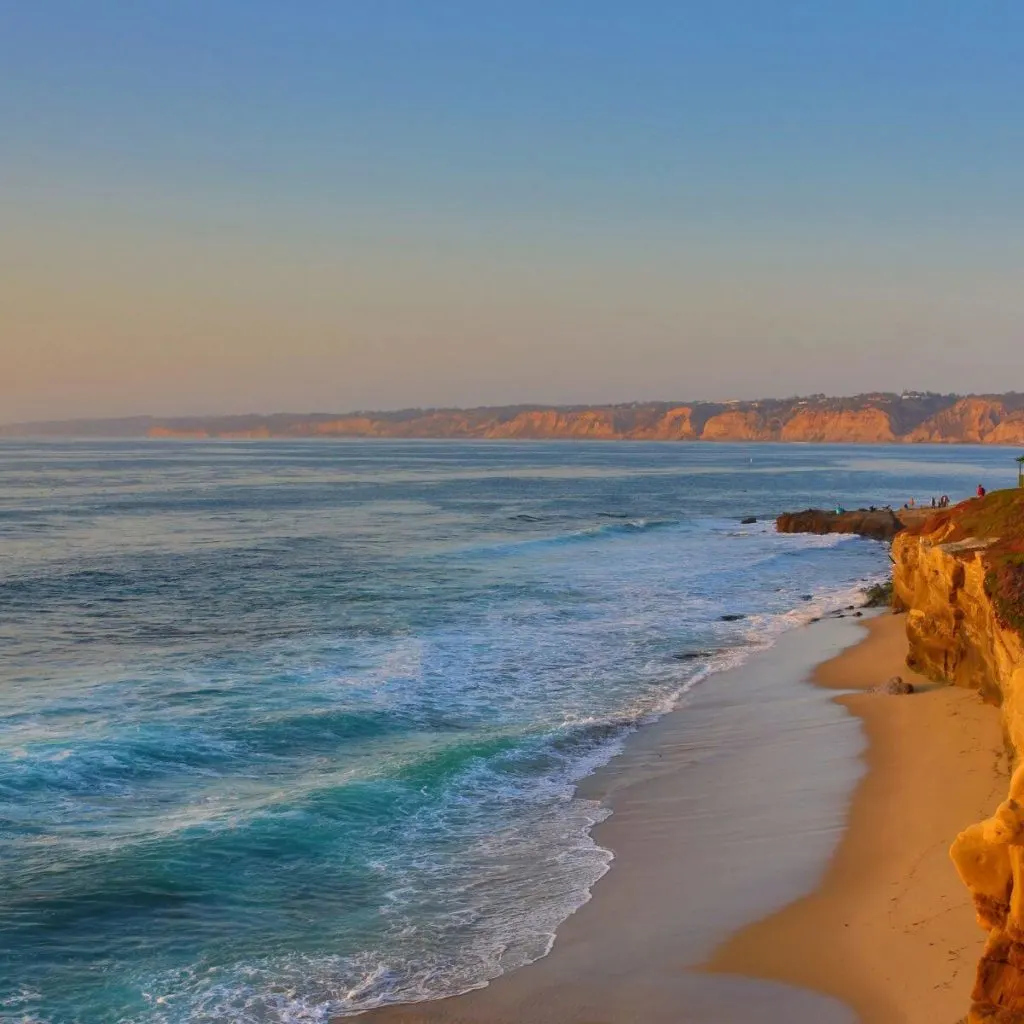 Photo of La Jolla Cove in California with hazy skies.