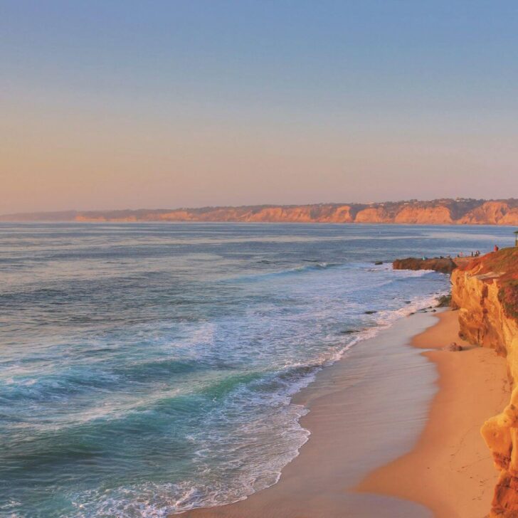 Photo of La Jolla Cove in California with hazy skies.