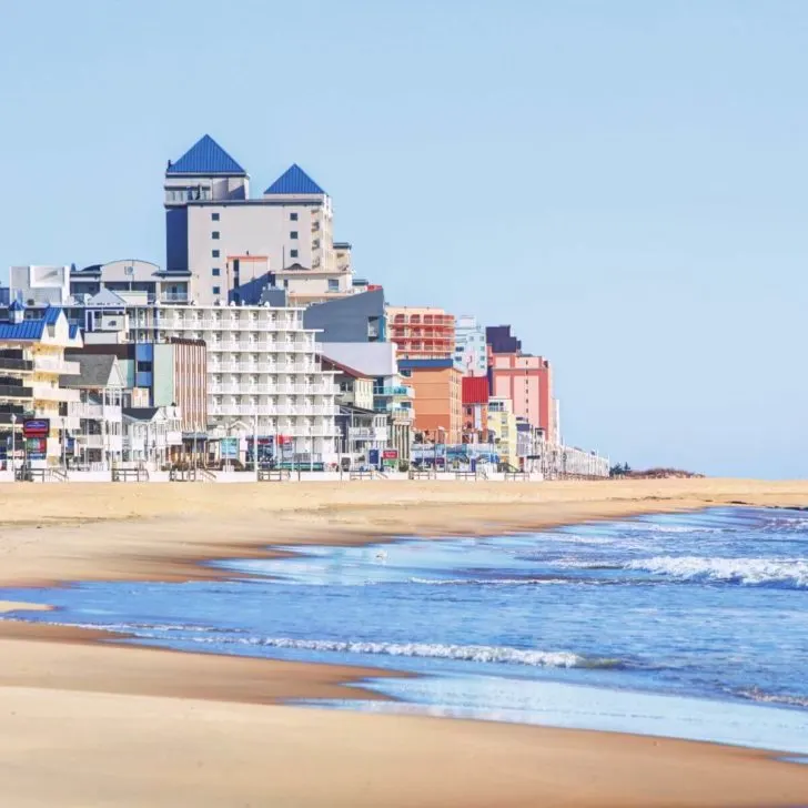 Photo of Ocean City Beach in Maryland with hotels along the beach in the background.