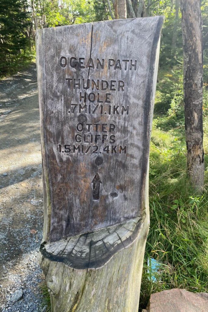 Photo of the trail marker for Ocean Path in Acadia National Park.