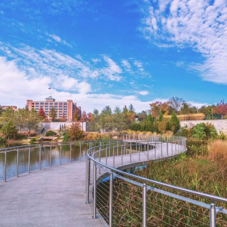 Photo of the historic fourth ward park in Atlanta, GA, with a walkway over a lake.