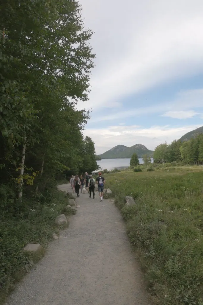 Photo of the gravel path behind Jordan Pond House that leads to the Jordan Pond trail.